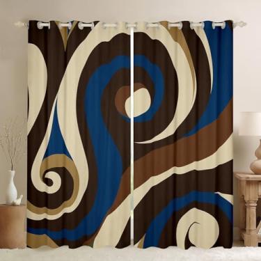 Imagem de Cortina de janela listrada azul marrom redemoinho, cortinas geométricas abstratas para decoração de quarto de crianças, meninos e homens, cortina de tratamento de janela vintage rústica desenhada à