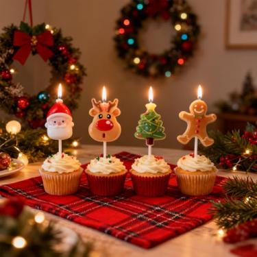 Imagem de Conjunto de velas de bolo de Natal, 4 peças adoráveis de Papai Noel festivo, árvore, pão de gengibre e rena para bolos, cupcakes e sobremesas de casamento, enfeite de vela infantil divertido, artigos