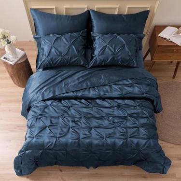 Imagem de MR&HM Jogo de cama King de cetim com 7 peças - Luxuoso jogo de cama com edredom, lençol de cima, lençol com elástico, fronhas e fronhas, super sedoso para todas as estações (king, índigo do humor)