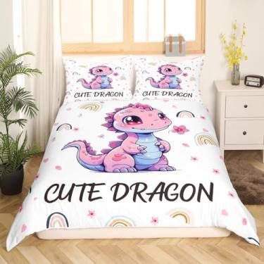 Imagem de Conjunto de capa de edredom de dragão fofo, tamanho Queen, rosa, desenho animado de dragão, com 2 fronhas, aquarela, arco-íris, conjunto de cama para meninos e meninas, cereja floral, branco (não