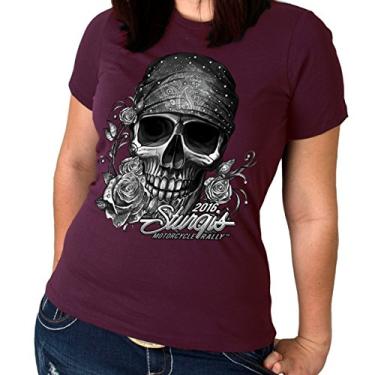 Imagem de Hot Leathers Sturgis 2016 Camiseta feminina de caveira com bandana de rali de motocicleta (vinho, 2GG)