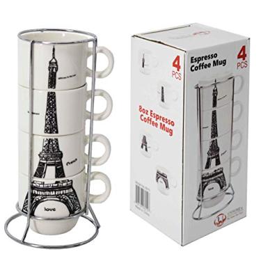 Imagem de Uniware Conjunto de canecas de café espresso de porcelana empilhável de Paris Torre Eiffel chique com suporte de aço inoxidável, caixa de presente (conjunto com 4 canecas)