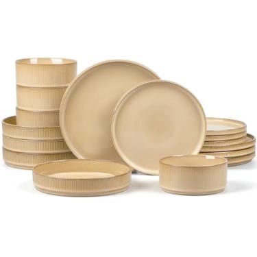 Imagem de E-far Conjunto de louça de 16 peças, pratos e tigelas com tigelas de massa, serviço para 4, pratos modernos com nervuras de grés para cozinha, seguro para micro-ondas e lava-louças, cáqui caramelo