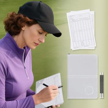 Imagem de Capa de cartão de pontuação de golfe couro suporte de textura estatística e rastreamento de pontuação à prova d'água macio grosso durável caderno (textura cinza branca)