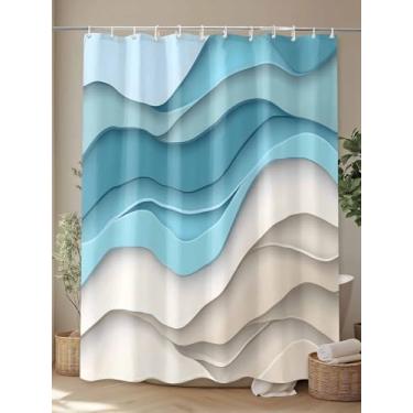 Imagem de Cortina de chuveiro geométrica azul petróleo, cortina de banheiro de tecido impermeável - Estética moderna conjunto de cortina de chuveiro com ganchos, cortina de banheiro decorativa