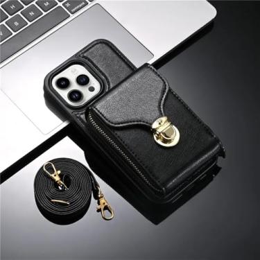 Imagem de Capa de telefone tipo carteira de couro com cordão crossbody para iPhone 15 14 Pro Max 13 12 11 XS XR X SE 2022 8 7 Plus Flip Stand Cover, preta, para iPhone 7Plus 8Plus