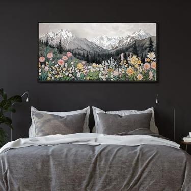 Imagem de yiijeah Arte de parede com moldura de pôster de 100 x 50 cm - pintura de paisagem preta e branca de montanhas cobertas de neve altas árvores de cedro margaridas de flores salas de estar quartos de