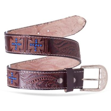 Imagem de Cinto de Couro Feminino Country Detalhe Cruz Azul Fivela Simples Show Sertanejo