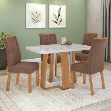 Imagem de Conjunto Sala De Jantar Mesa Easy Pop 120x80cm Tampo Mdf 40mm Com 4 Cadeiras Confort Couro Morano Avelã Amêndoa/off