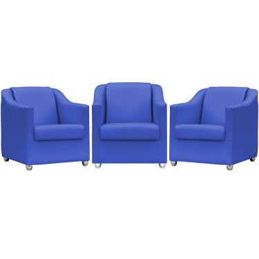 Imagem de Kit 3 Poltronas Mila Corino Cores Pé De Plástico Cromado - Azul-royal Corino