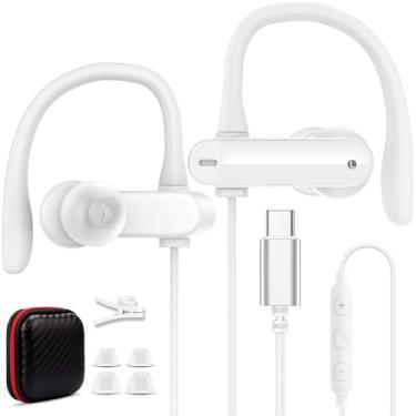 Imagem de Fones de ouvido USB C com fio para iPhone 17 16 Pro Max Samsung S25 S24 Ultra A17 A16, fones de ouvido esportivos tipo C, fones de ouvido com ganchos e microfone de laço para iPad Pro, Air, Galaxy Z