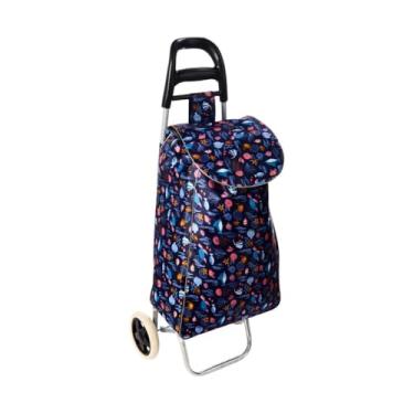 Imagem de Carrinho de Feira Estampado com Rodas, 96cm Altura, 94 Litros, Impermeável, Estrutura Metálica, Estampa de Frutas Colorida, para Compras e Viagens