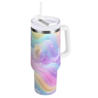 Imagem de Blueangle Copo isolado de 850 g com alça e tampa de canudo - Caneca de viagem de aço inoxidável à prova de vazamento, garrafa de água em espiral de sorvete arco-íris de parede dupla (60)