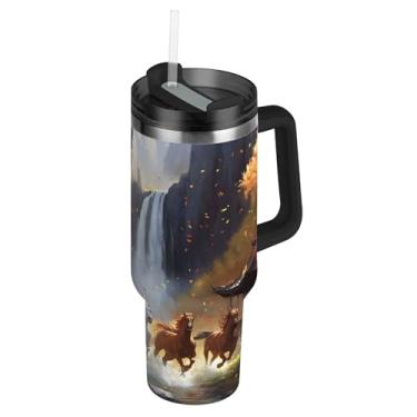 Imagem de SEHANY Copo Majestic Horse de 850 g com tampa e canudo, aço inoxidável de vácuo duplo isolado garrafa de água esportiva suporte de copo de café de viagem à prova de vazamento para bebida gelada