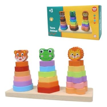 Imagem de Brinquedo Educativo de Madeira Torre Animal – Jogo de Empilhar com Formas e Cores, Coordenação Motora e Aprendizado Infantil – Tigre, Sapo e Leão