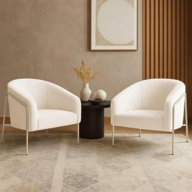 Imagem de Poltrona Sala Industrial Alta Champanhe Kit 2 Stella Bouclê Off White 
