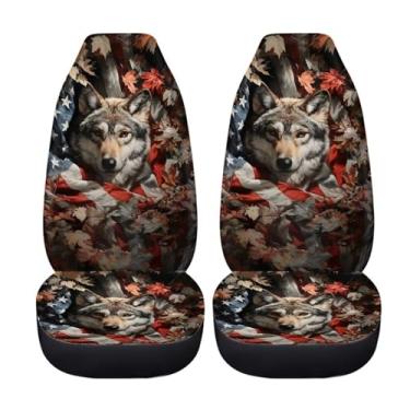 Imagem de Xoenoiee Capas de assento de carro com estampa de folha de bordo de lobo da bandeira americana apenas para assentos dianteiros, protetores de almofada de assento de ajuste universal para SUV