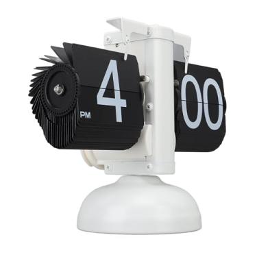 Imagem de aqxreight Relógio Digital Retro Estilo Europeu Flip Down 304 Aço Inoxidável Automático Mecânico Digital Flip Relógio de Mesa para Sala de Estar 12 Horas Perna única Moldura Preta Página Branca