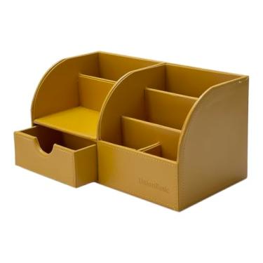 Imagem de UnionBasic Organizador de mesa – Caixa de armazenamento multifuncional de couro para caneta – Porta-cartões de visita/caneta/lápis/celular/papelaria, amarelo mineral