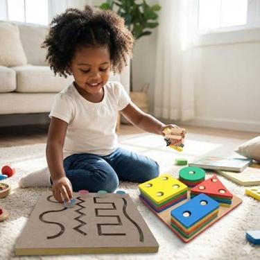 Imagem de Brinquedo Pedagógico Educativo Madeira MDF Prancha Seleção Infantil Encaixe Formas Geométricas (Prancha + Linha Vaz)