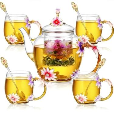Imagem de Maxdot Conjunto de 5 peças de chá de vidro floral para mulheres, bule de chá vintage de 1,445 g, 4 xícaras de chá de margarida de 325 ml com colher, presentes de Natal para mãe, esposa, namorada, dia
