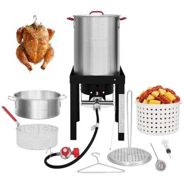 Imagem de CreoleFeast TFS3010 Conjunto de panela a vapor de propano de 30 litros e 10 litros para fritadeira de peixe, 50.000 BTU, ideal para cozinhar ao ar livre