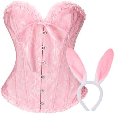 Imagem de Yearntown 2 peças de espartilho e faixa de cabeça de renda push up body para mulheres, fantasia de Halloween, cosplay festa (rosa, coelho)