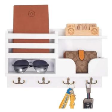Imagem de Prateleiras suspensas Cabide de parede de madeira com gancho para chaves, caixa com 4 ganchos duplos e prateleira para pendurar casacos, jaquetas, roupas e chapéus(Branco)