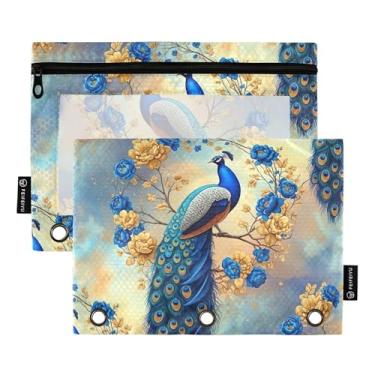 Imagem de Linda bolsa de lápis com estampa para fichário de 3 anéis azul pavão flores douradas com zíper bolsa de lápis para canetas, fichários escolares, bolsos transparentes, 25 x 18 cm, 2 pacotes