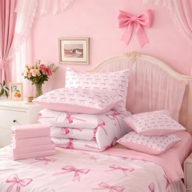 Imagem de Erosebridal Jogo de cama infantil Queen com laço de desenho animado, laço de fita rosa, edredom com lençol para meninas, nó de borboleta, princesa, laço de aquarela, conjunto de cama de 7 peças