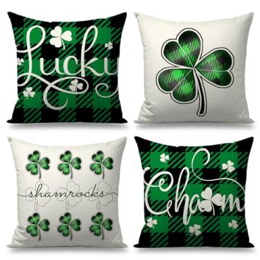 Imagem de FUYUCHEN Capas de travesseiro de Dia de São Patrício, 40,6 x 40,6 cm, conjunto de 4 fronhas decorativas com trevo da sorte verde búfalo xadrez para casa, sofá, fazenda, férias, decorações do dia de