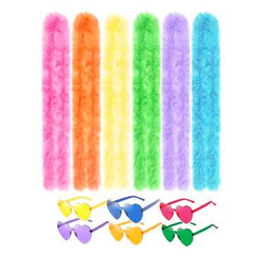 Imagem de JICASTO Boas De Penas, 6 Pacotes, 6 Cores, Boas Artificiais Fofas A Granel Com Óculos De Sol Em Formato De Coração, Lembrancinhas Para Festa De Casamento, Aniversário, Chá, Decoração De Fantasia De