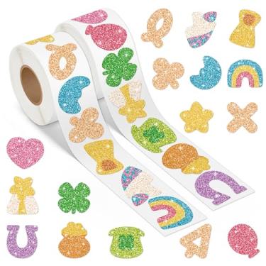 Imagem de Laffact St. Patrick's Day Shamrock Stickers - 2Rollls St Patricks Day Lucky Charms Glitter Roll Sticker Aesthetic Label Decals for Laptop Guitar Skateboard Home Party Decor School Rewards Water Bottle