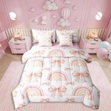 Imagem de Erosebridal Jogo de cama de casal com laço arco-íris de 7 peças, para adolescentes, estilo princesa sonhadora, para crianças, meninas, conjunto de lençol de casal romântico para o dia dos namorados,