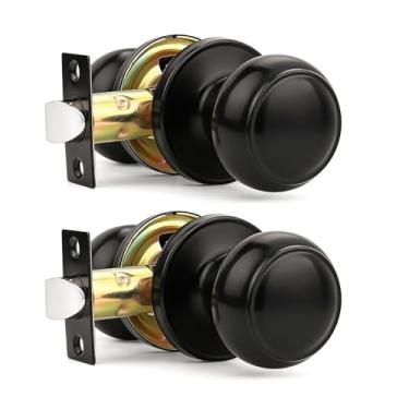 Imagem de Orger Pacote com 2 maçanetas de porta de passagem em preto fosco, maçanetas clássicas de armário de forma redonda com design moderno sem chave para armário e corredores
