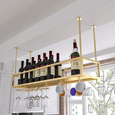 Imagem de Prateleiras de vinho de metal para pendurar no teto para garrafas de vinho taças de champanhe taças suporte de copos de vidro organizador de copos para bar de cozinha - altura ajustável, ouro