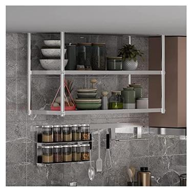 Imagem de Prateleira de montagem no teto de aço inoxidável de 2 camadas, prateleiras flutuantes suspensas, rack de decoração para restaurante/cozinha/bar/café, fácil de instalar (cor: prata, tamanho: 90 x 35 x