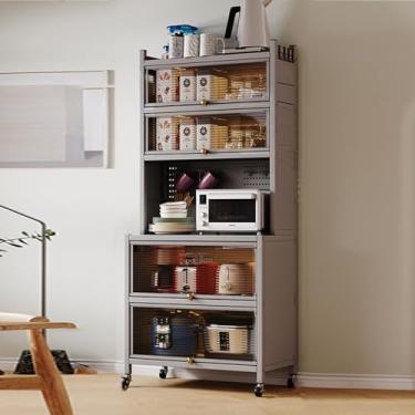 Imagem de Armazenamento montado na parede, suporte de micro-ondas de 6 camadas e armários de cozinha – Rack versátil com portas, painel traseiro criativo DIY para organização eficiente