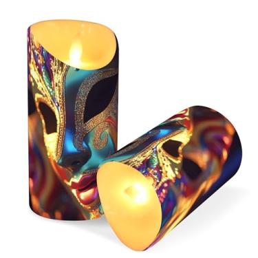 Imagem de SEHANY Máscara de carnaval velas sem chama com controle remoto e temporizador, 2 peças de velas de pilar de LED cintilantes operadas por bateria para decoração de festa de casamento, dia dos namorados