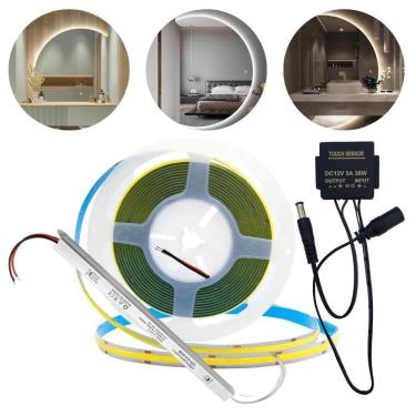Imagem de Fita Led Cob 5M 12V 320 Led/M + Botão Espelho Touch + Fonte