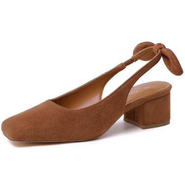 Imagem de Mostrin Sapato social feminino de salto alto grosso D'Orsay Slingback salto bloco fechado bico quadrado para trabalho, escritório, dia a dia, casamento, Marrom nº 05, 40