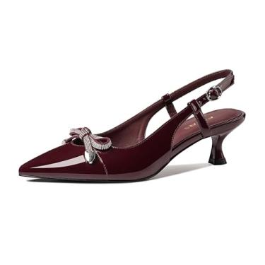 Imagem de FRJR Salto gatinho feminino fechado bico fino, couro envernizado, salto baixo, com fivela ajustável para encontros, festas, trabalho, escritório, sapatos confortáveis e sensuais, C - vinho, 37