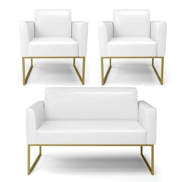 Imagem de Sofá Namoradeira Com 2 Poltronas Base Industrial Dourado Marisa Corano D03 - D\'rossi Cor Branco