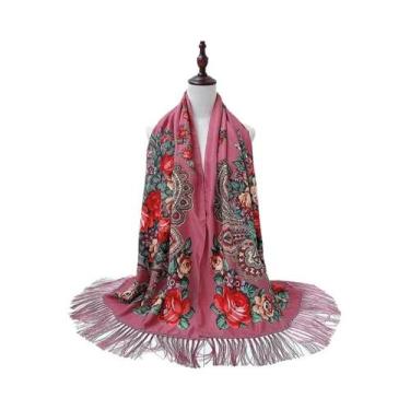 Imagem de Lenço Estampado Floral Estilo Russo Feminino Retrô Com Franjas Xale Uc