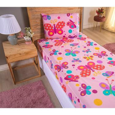 Imagem de Kit Jogo de Lençol Solteiro 2 Peças 100% Poliéster Microfibra 170 Fios com Elástico Estampa Borboletas Coloridas OEM