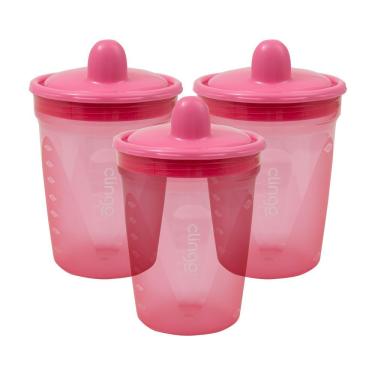 Imagem de Kit com 3 Copos de Transição Infantil Copo de Transição Clingo Rosa Bico Rígido Tampa Anti Vazamento Polipropileno