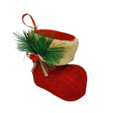 Imagem de Bota Decorada Enfeite Árvore Natal Tricô Vermelho Pick e Berries 14cm 