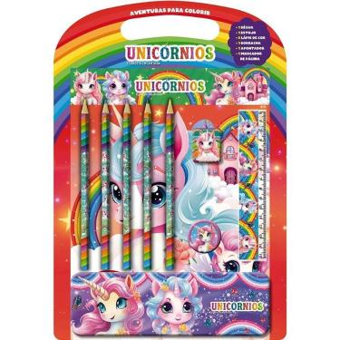 Imagem de Kit Livro de Colorir Infantil Unicórnios com Estojo Régua Lápis Borracha Apontador Editora Online