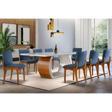 Imagem de Conjunto de Mesa de Jantar Lavanda com Tampo de Vidro e 8 Cadeiras Tulipa Linho Azul e Imbuia