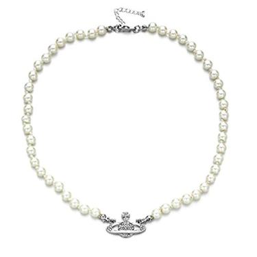 Imagem de Colar de pérolas de Saturno, pingente de diamante de água de cristal branco artificial, moderno, moderno, corrente de clavícula, namorada, aniversário da mãe, Metal, coquetel-settingo